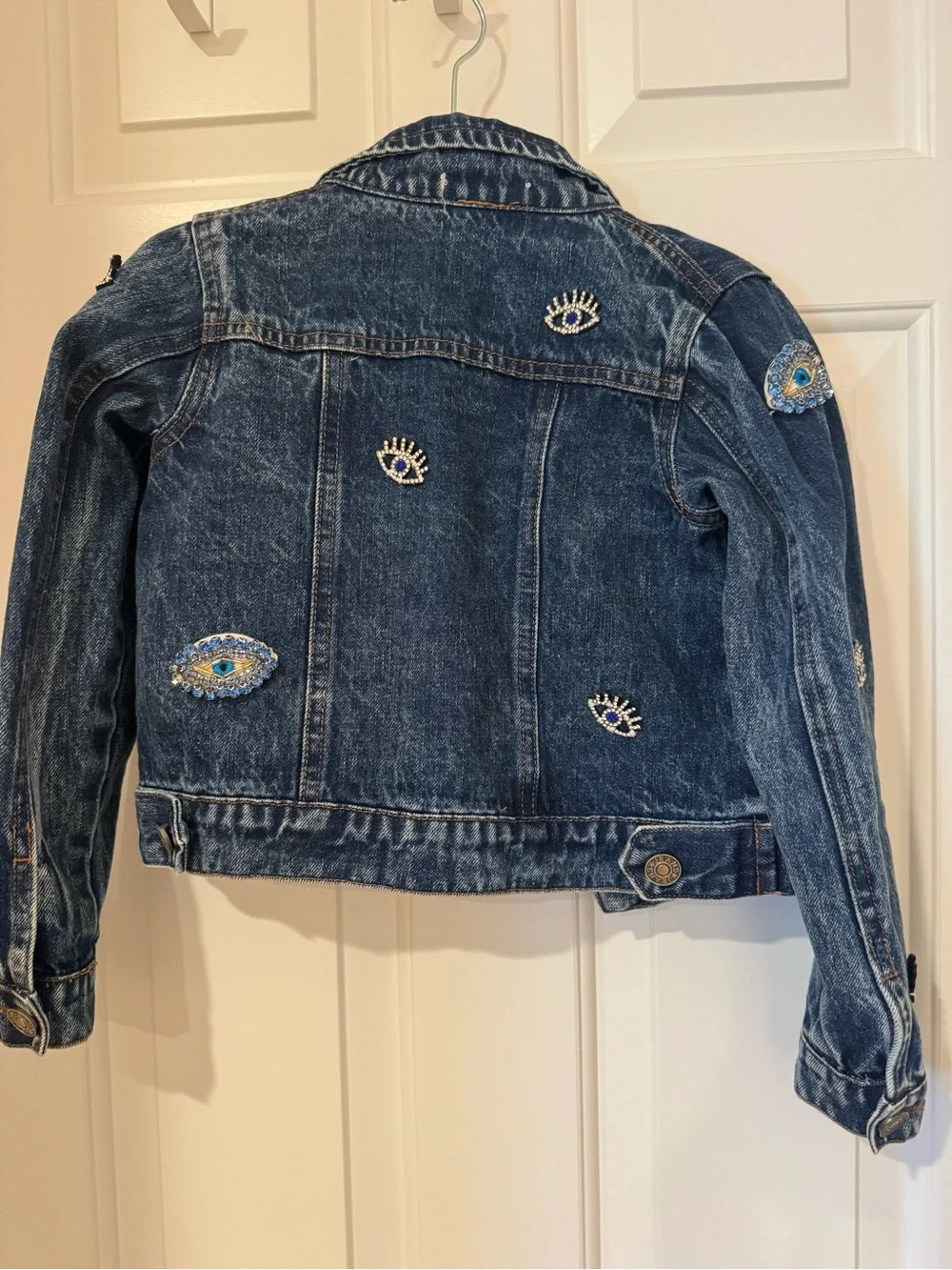 Lola + The Boys Dark Blue Denim Jacket with Evil Eye Embellishments
